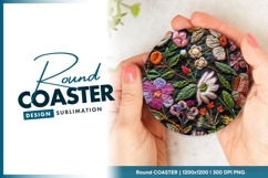Embroidered Floral Design on Dark Fabric Round Coaster Png Product Image 1