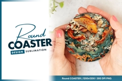 Orange Koi Fish Swimming in Stylized Waves Round Coaster Product Image 1