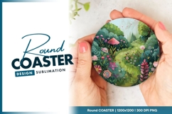 Whimsical Garden Illustration with Pink Round Coaster Png Product Image 1