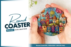 Whimsical Colorful Village Houses Illustration Round Coaster Product Image 1