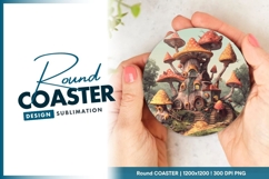 Whimsical Mushroom House Illustration with Round Coaster Png Product Image 1