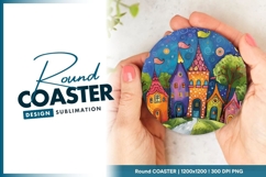 Whimsical Colorful Houses Illustration Round Coaster Png Product Image 1