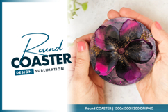 Abstract flower black pink and gold round coaster png Product Image 1