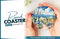 Watercolor Desert Landscape with Cacti Round Coaster Png Product Image 1