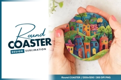 Colorful Whimsical Village Illustration with Round Coaster Product Image 1