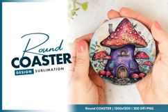 Whimsical Mushroom House Illustration Round Coaster Png Product Image 1