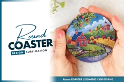 Colorful Farm Scene with Red Barns Round Coaster Product Image 1