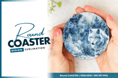 Wolf in snowy winter forest illustration round coaster Product Image 1