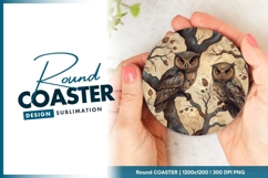 Two Owls Perched on Branches Illustration Round Coaster Png Product Image 1