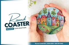 Colorful Whimsical Village Illustration Round Coaster Png Product Image 1