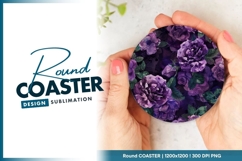 Watercolor Purple Roses and Green Leaves Round Coaster Png Product Image 1