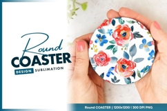 Watercolor Floral Design Red Orange Blue Round Coaster Png Product Image 1