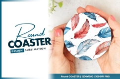 Watercolor Feathers in Red Blue and Round Coaster Png Product Image 1