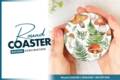 Watercolor Mushrooms and Ferns Pattern on Round Coaster Png Product Image 1