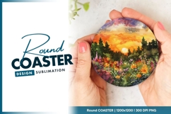 Watercolor Sunset Over Field of Flowers Round Coaster Png Product Image 1