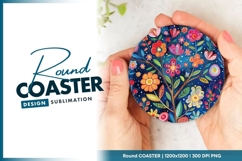 Colorful Floral Tree Illustration on Round Coaster Png Product Image 1