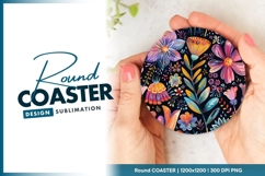 Colorful Floral Illustration on Black Round Coaster Png Product Image 1