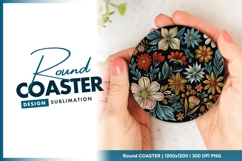 Colorful Floral Pattern on Black Background Round Coaster Product Image 1
