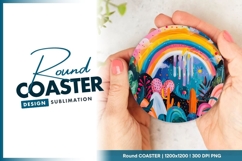 Colorful Rainbow and Cactus Landscape Round Coaster Png Product Image 1