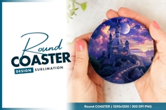 Fairytale Castle at Night with Moon and Stars Round Coaster Product Image 1