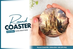 Fairytale Castle Illustration with Pink Cherry Round Coaster Product Image 1
