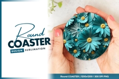 Teal Paper Flowers with Yellow Centers on Gray Round Coaster Product Image 1
