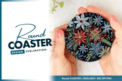 Embroidered Floral Design on Black Round Coaster Png Product Image 1