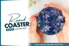 Watercolor Clematis Flowers on Dark Round Coaster Png Product Image 1