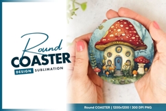 Mushroom House Illustration Held Round Coaster Design Product Image 1