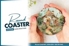 Watercolor House Illustration on Round Coaster PNG Product Image 1