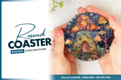 Mushroom House Illustration Held Round Coaster Design Product Image 1