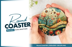 Floral Landscape Illustration Held Round Coaster Design Product Image 1