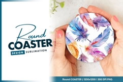 Watercolor Feathers in Purple Blue Round Coaster Design Product Image 1