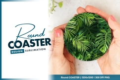Tropical Green Leaf Pattern Held Round Coaster Design Product Image 1