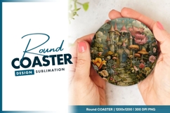 Fantasy Castle Illustration Held Round Coaster Design Product Image 1