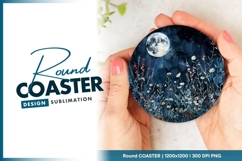 Moon and Floral Watercolor Round Coaster Design Product Image 1
