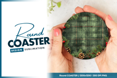 Festive plaid background with pine cones round coaster png Product Image 1