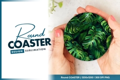 Tropical monstera and banana leaves round coaster Product Image 1