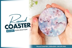 Pink cherry blossom flowers on blue round coaster Product Image 1