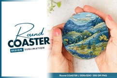 Embroidered mountain landscape scene round coaster png Product Image 1