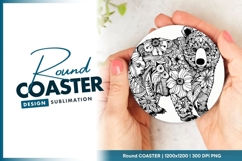 Floral bear line art black and white round coaster png Product Image 1
