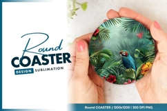 Parrot in lush tropical jungle illustration round coaster Product Image 1