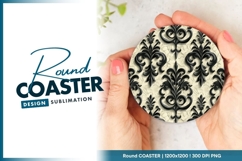 Seamless black floral ornament on creamy round coaster png Product Image 1