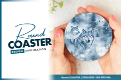 Wolves in winter watercolor round coaster png Product Image 1