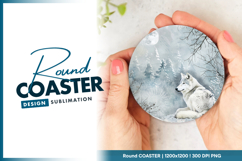 White wolf under moon in winter forest round coaster png Product Image 1