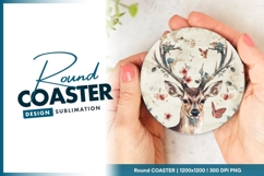 Watercolor deer with flowers and butterflies round coaster Product Image 1