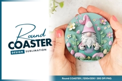 Cute pink gnome surrounded by flowers round coaster png Product Image 1