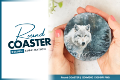 Winter wolf portrait in snowy forest scene round coaster Product Image 1