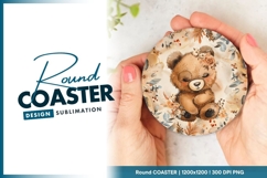 Watercolor floral teddy bear round coaster png Product Image 1