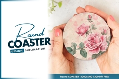 Pink rose watercolor flower round coaster png Product Image 1